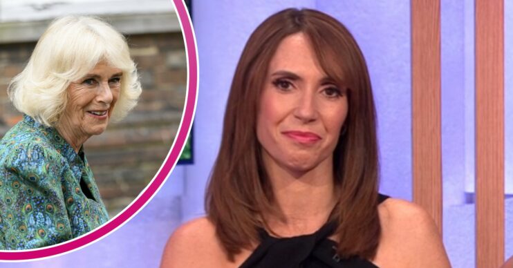 Queen Camilla smiling / Alex Jones smirking