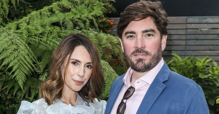 Alex Jones smiling next to her husband Charlie at Chelsea Flower Show