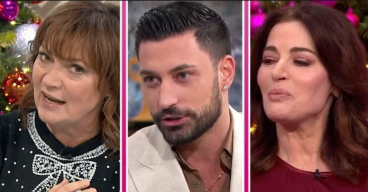 Lorraine Kelly looks at the camera, Giovanni Pernice speaks, Nigella Lawson looks to her side
