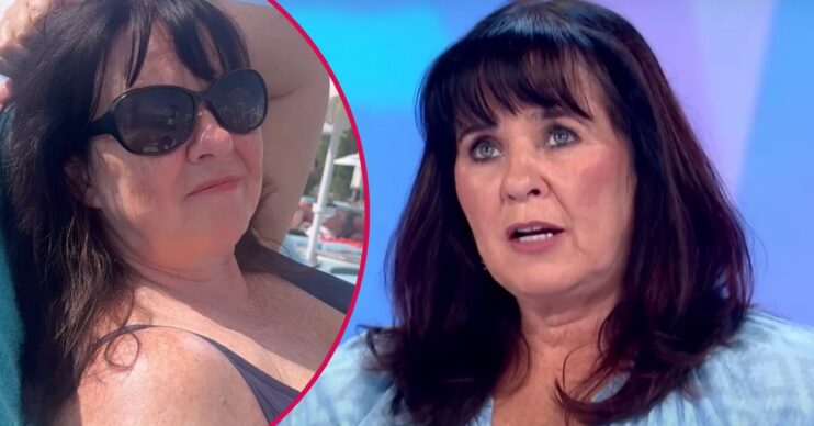 Coleen Nolan sunning herself on holiday. looks upwards