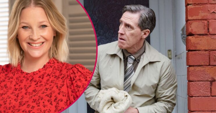 Joanna Page smiling / Rob Brydon as Uncle Bryn in Gavin and Stacey