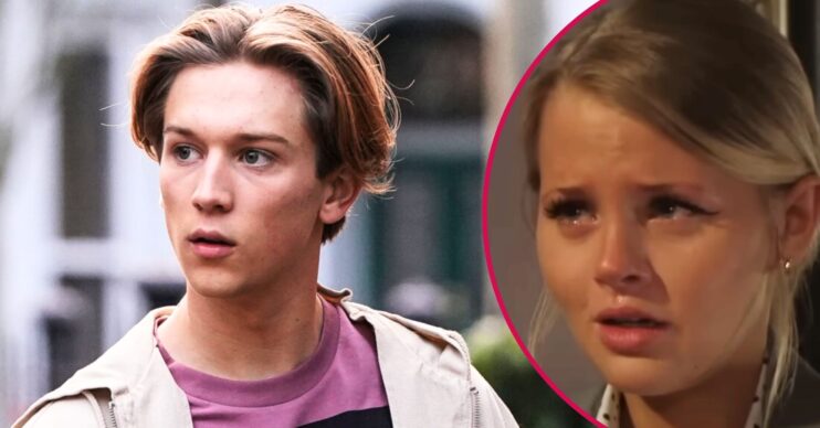 Joel looks shady on EastEnders; inset, Lucy Beale is crying (Credit: BBC/Composite: ED!)