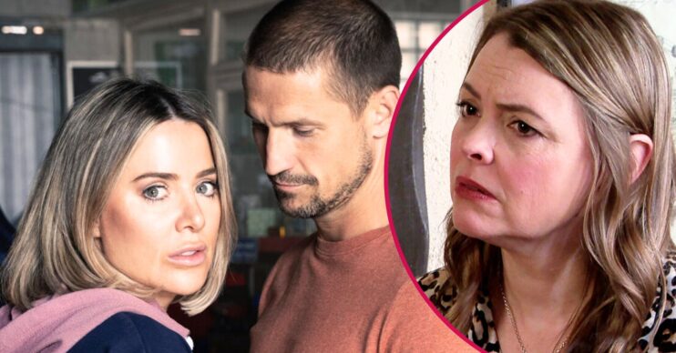 Carl and Abi on Coronation Street; inset, Tracy looks suspicious (Credit: ITV/Composite: ED!)