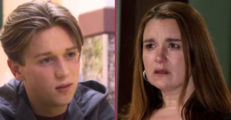 Composite image of Vicki and Joel on EastEnders - he looks sleazy, she's angry (Credit: BBC/Composite: ED!)