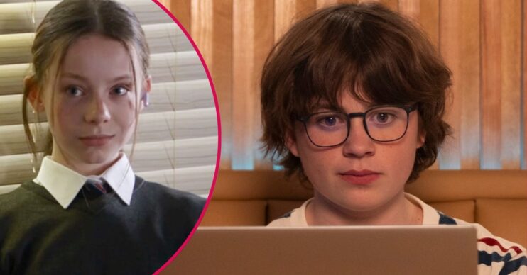 Corrie split: Lily Platt / Sam on laptop