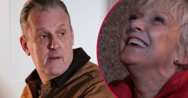 Harvey looks guilty in EastEnders; inset, Jean smiling as she pops the question (Credit: BBC/Composite: ED!)