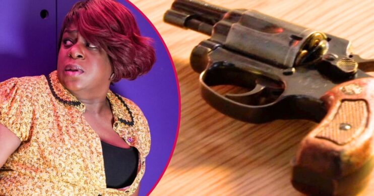 A gun on EastEnders; inset, Kim looks worried (Credit: BBC/Composite: ED!)