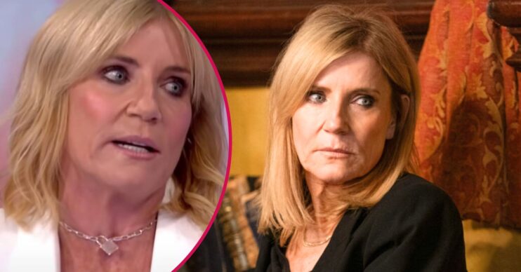 Cindy looks shifty on EastEnders; inset, actress Michelle Collins in an interview (Credit: ITV/Composite: ED!)