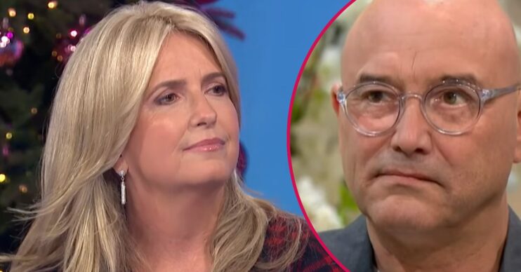Penny Lancaster frowning on Loose Women beside Gregg Wallace frowning