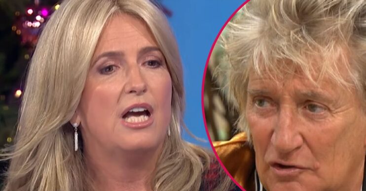 Penny Lancaster talking on Loose Women beside a frowning Rod Stewart