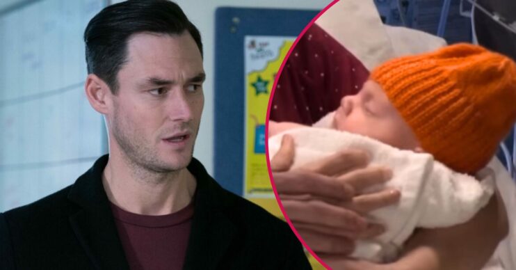 Zack looks shocked in EastEnders - inset, baby Jimmy (Picture: BBC/Composite: ED!)