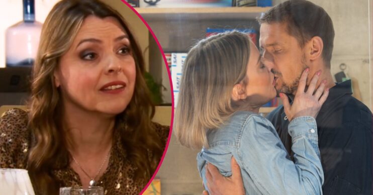 Carl and Abi share a kiss on Coronation Street; inset, Tracy looks devious (Credit: ITV/Composite: EI)