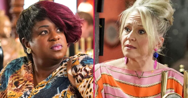 Composite image of Kim and Linda on EastEnders, both looking surprised (Credit: BBC/Composite: ED!)