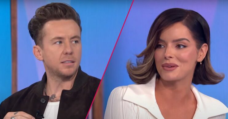 Danny Jones looking to the side on Loose Men / Maura Higgins smirking on Loose Women