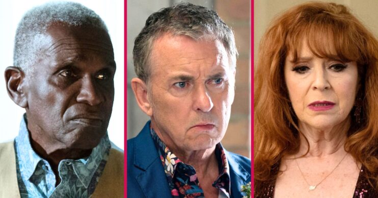 Composite image of Patrick, Alfie and Elaine on EastEnders, all looking worried (Credit: BBC/Composite: ED!)