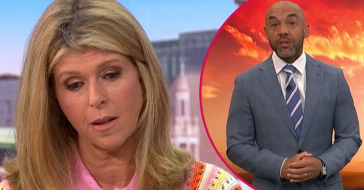 Kate Garraway looks downwards on Good Morning Britain, Alex Beresford presents
