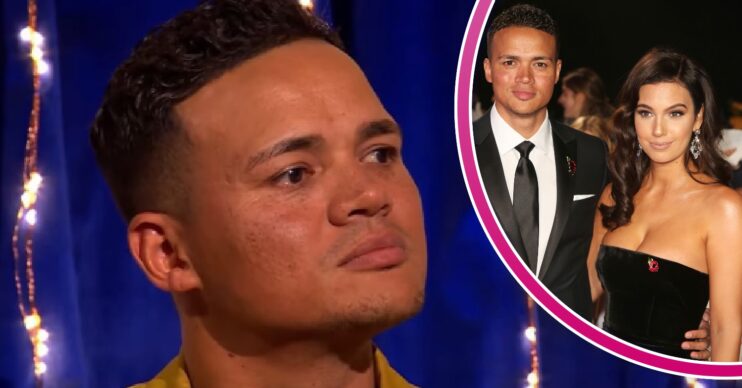 Jermaine Jenas looking serious on BBC show and smiling with wife