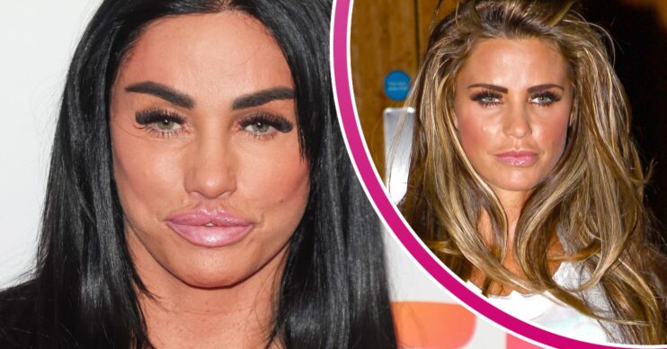 Katie Price with black hair pouting beside a snap of Katie with blonde hair when she was younger