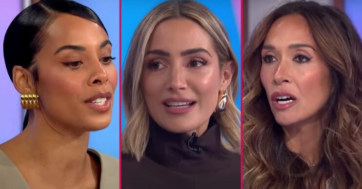 Rochelle Humes looks down, Frankie Bridge seems emotional, Myleene Klass speaks