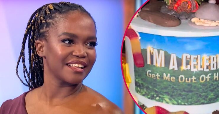 Oti Mabuse on Loose Women with an image of her welcome home jungle-themed cake inset
