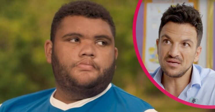 Harvey Price looking sad and Peter Andre chatting