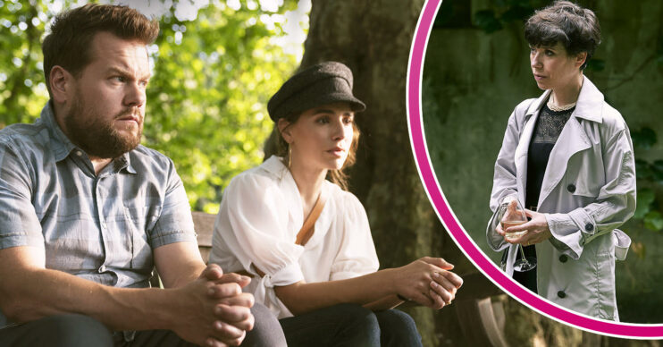 James Corden, Melia Krieling and Sally Hawkins in character in Mammals