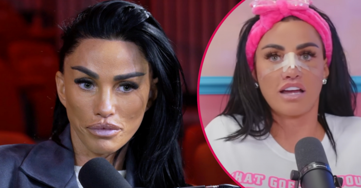 Katie Price talking in an interview and with a bandage on her nose