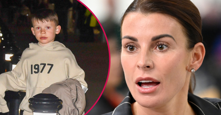 Coleen Rooney looking shocked and her sons inset