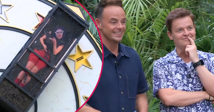 Split image Left: Tulisa Contostavlos í trapped inside a giant clock mechanism for her I'm A Celebrity trial. Right; Ant and Dec laugh as they help Tulisa with the answers