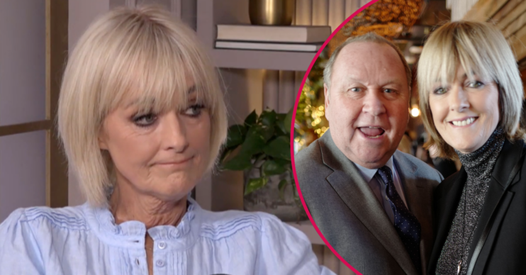 Jane Moore looking sad and with ex-husband Gary Farrow inset