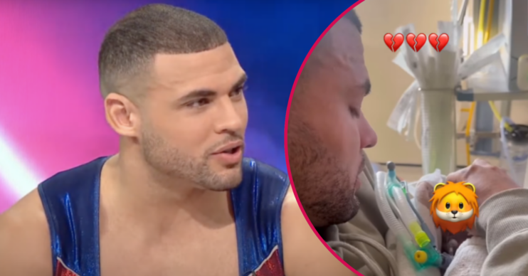 Gladiators star Zack George in his outfit and holding his baby boy