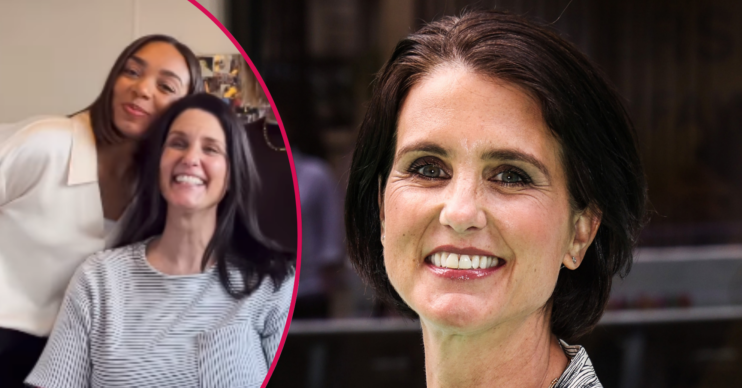 Heather Peace smiling and in the makeup chair with her co-star