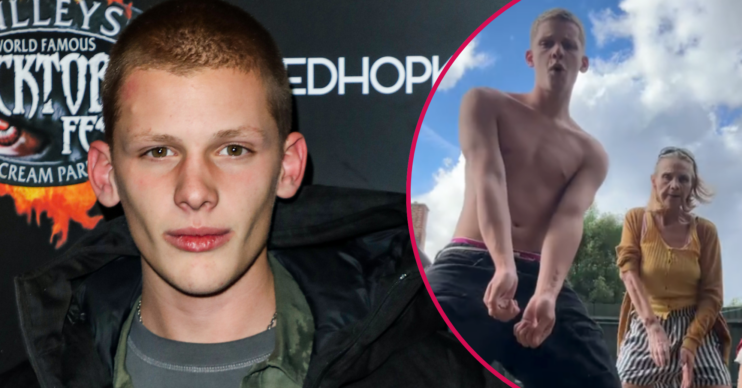 Freddy Brazier looking to camera and dancing with his nan Jackiey