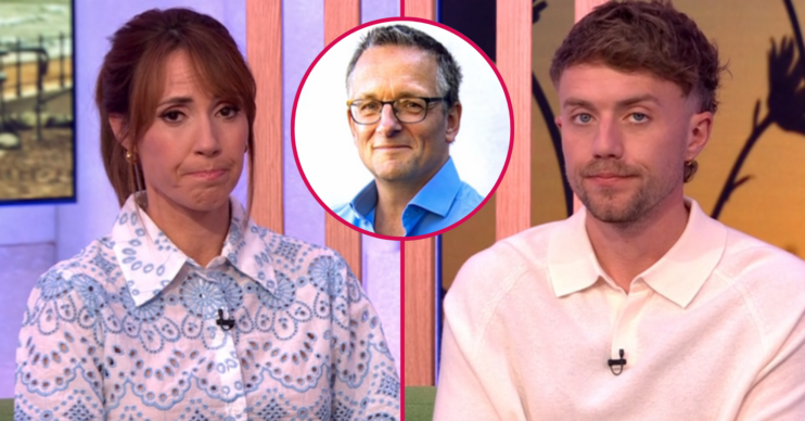 Alex Jones and Roman Kemp looking sad on The One Show and Michael Mosley inset
