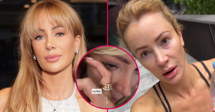 Three pictures of Olivia Attwood looking upset