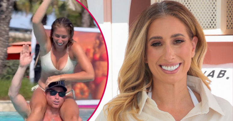 Stacey Solomon smiling and in the pool with Joe Swash