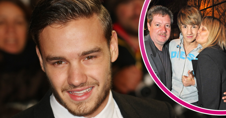 Liam Payne smiling and with his parents inset